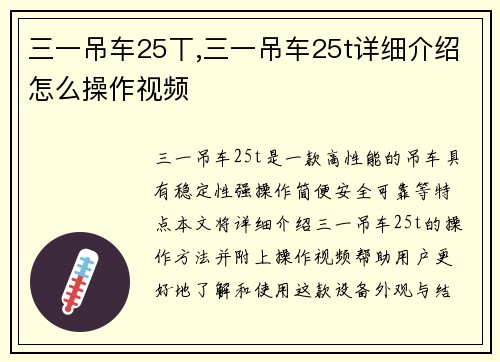 三一吊车25丅,三一吊车25t详细介绍怎么操作视频